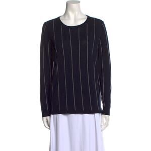 Sandro Paris Sweater Blue Knit High Low Striped Sheer Back Pullover Crew Neck M